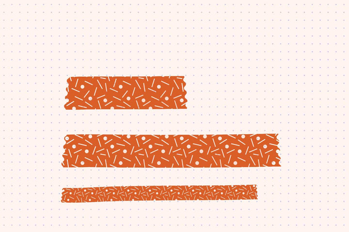 Three horizontal orange bars with a white sprinkle pattern, created using Esther Nariyoshi Studio's Procreate Washi Tape Brushes 26-Pack, varying in length, set against a dotted beige background.