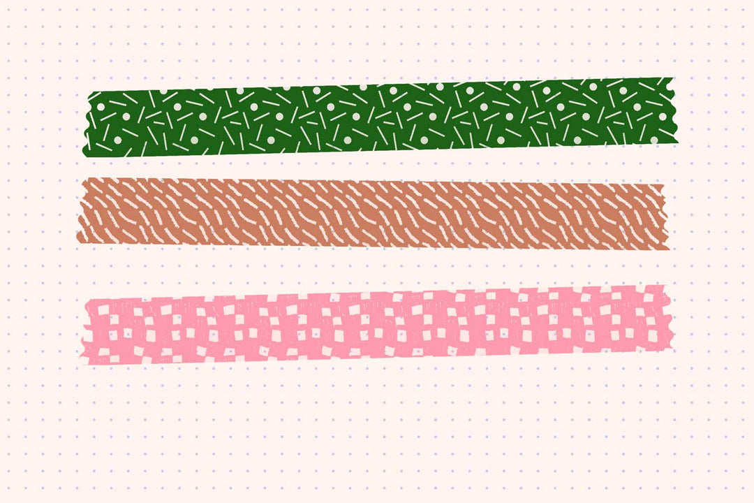 Three rows of Esther Nariyoshi Studio's Procreate Washi Tape Brushes 26-Pack with different patterns on a dotted background: top green with leaf print, middle brown with diagonal stripes, bottom pink with polka dots.